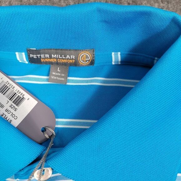 Peter Millar Summer Comfort Mens Size L Golf Polo Shirt Striped Aqua Blue New - Picture 3 of 11
